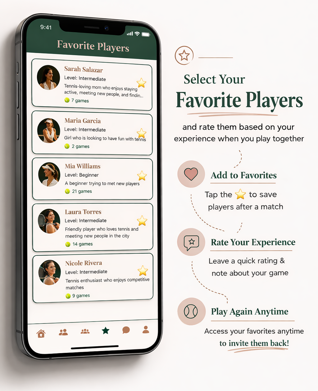 Save favorite tennis players and play together again