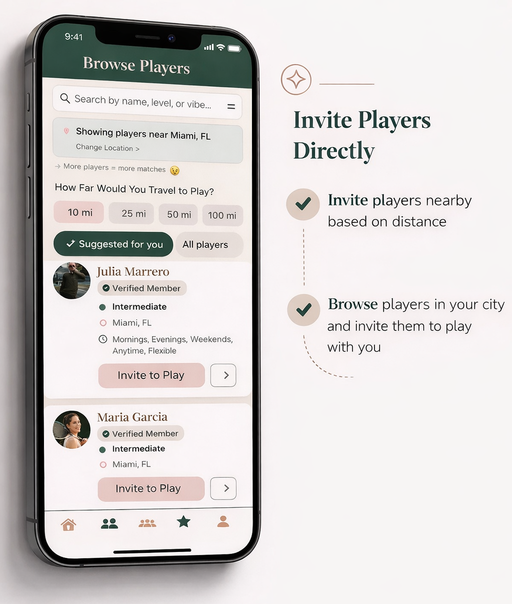 Browse and invite nearby tennis players