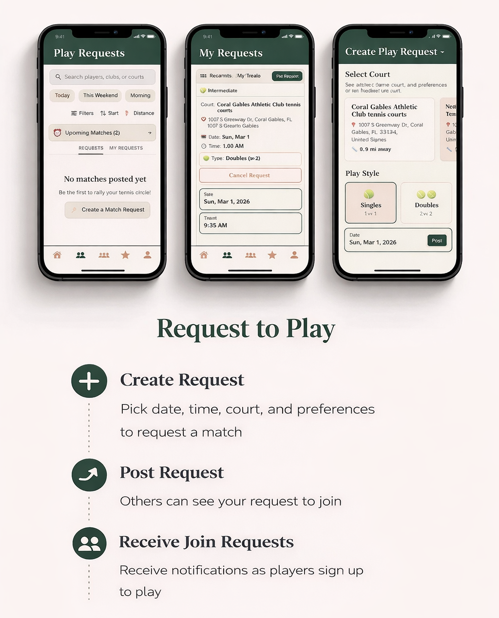 Create and post a tennis match request